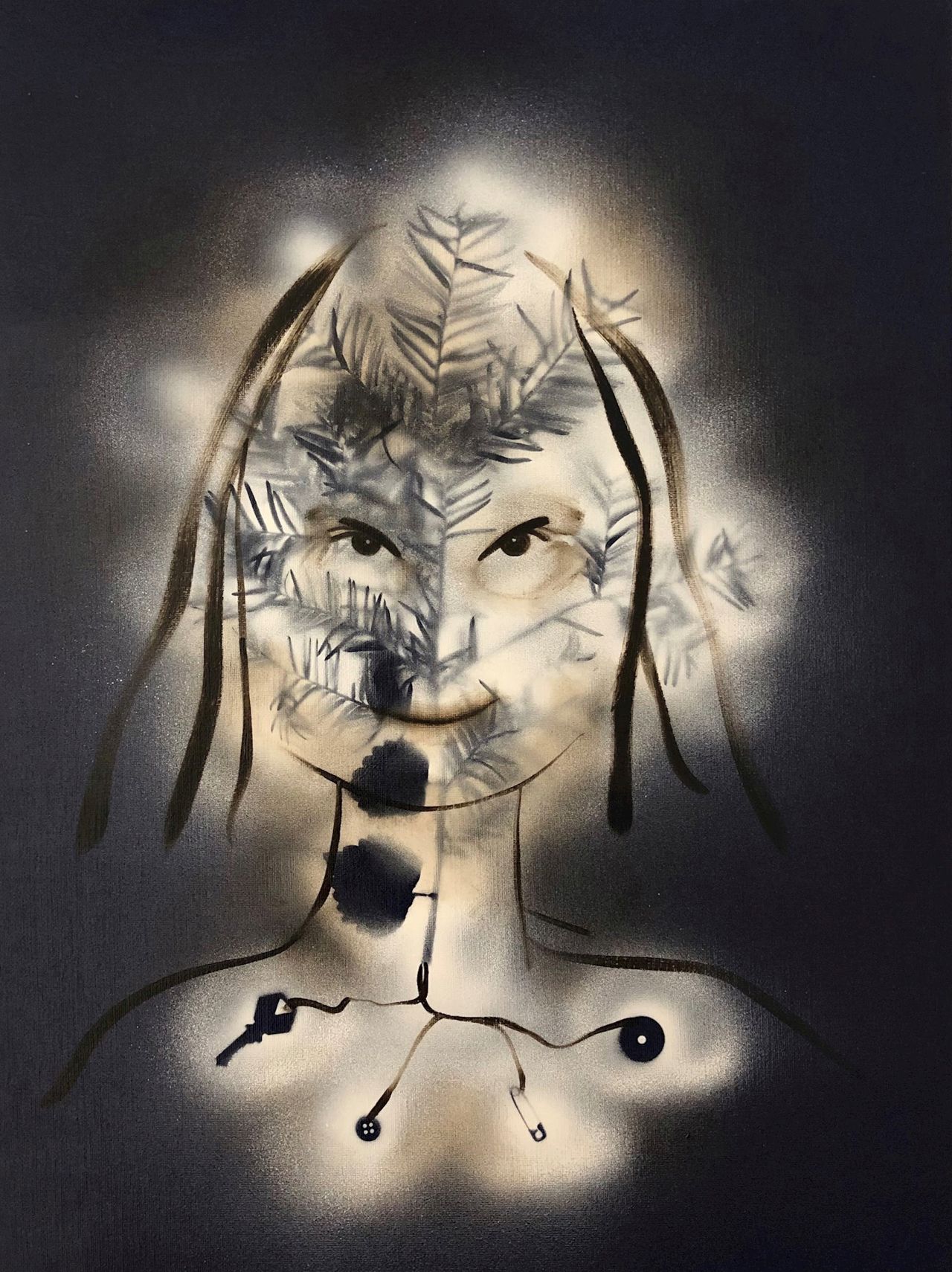 Kathrine Ærtebjerg, Menneskebarn III, 45X60cm, akryl, spray og olie på lærred, 2020.